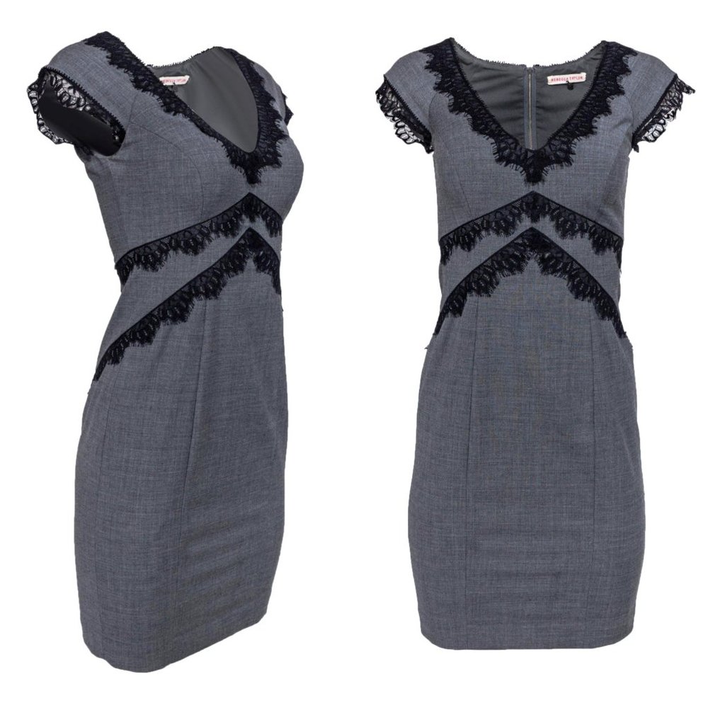 Rebecca Taylor Sheath Dress Virgin Wool Lace Trim Feminine Chic Cap Sleeve 12
